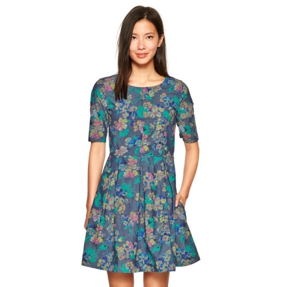{Gap} Floral Denim Fit & Flare Dress - Picture 1 of 5